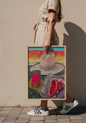 Stetson, Steak & Dr Pepper western art print by Caya Crum — framed with velvet mat