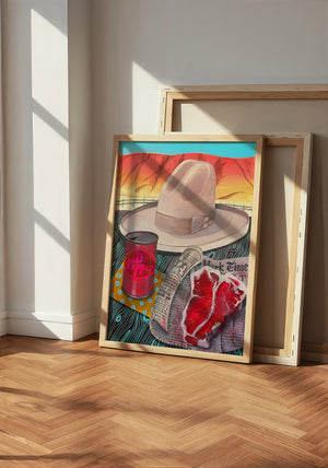 Stetson, Steak & Dr Pepper western art print by Caya Crum — neutral frame room mockup