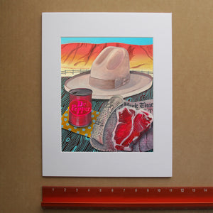 Stetson, Steak and Dr Pepper still life by Caya Crum with a cowboy hat, Dr Pepper can, and T-bone steak on a New York Times, matted fine art print