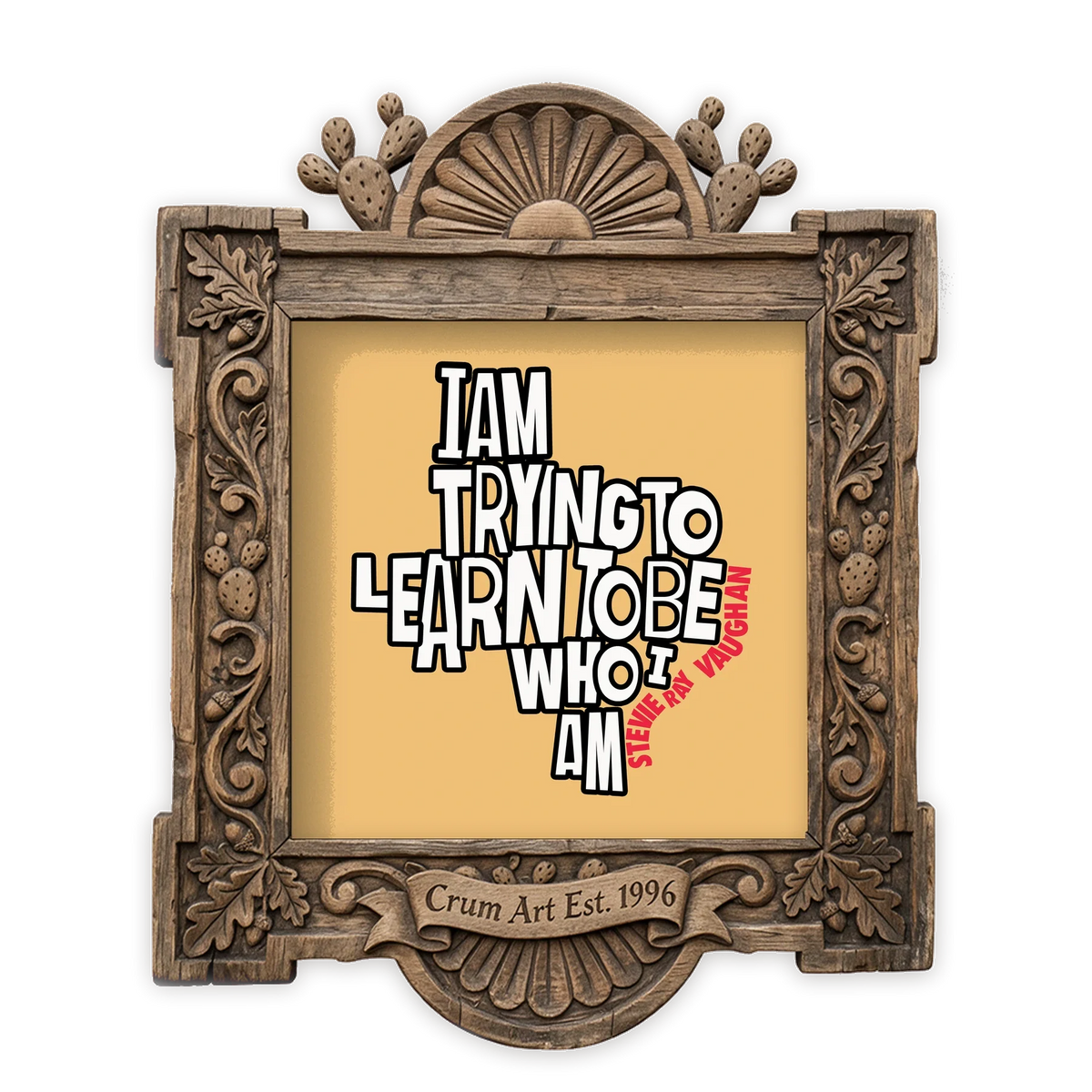 Stevie Ray Vaughan Quote — music wall art print by Betsy Crum in a square carved wood frame