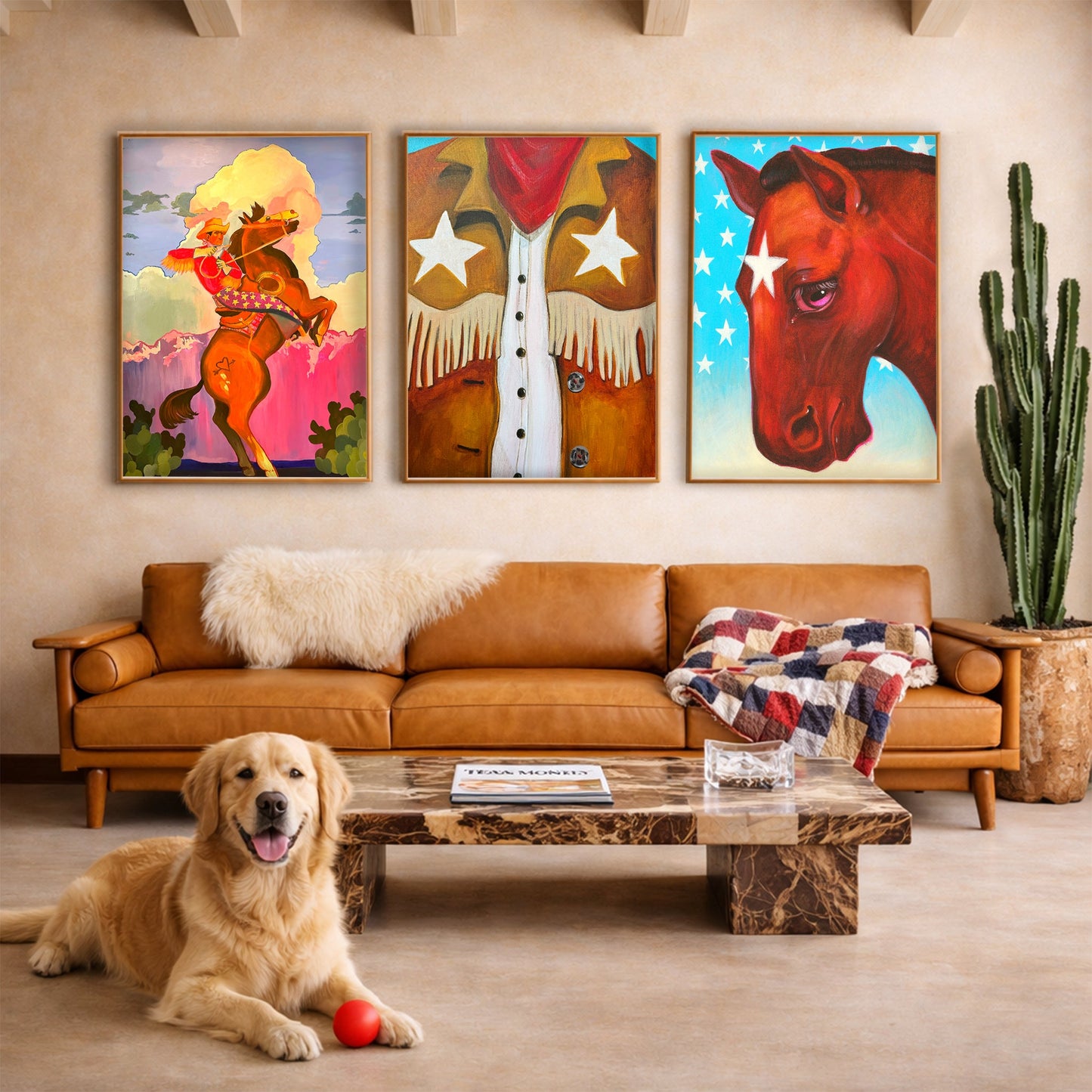 Cowboy Carl Rodeos Into the Sunset Print included in a western triptych above a leather sofa