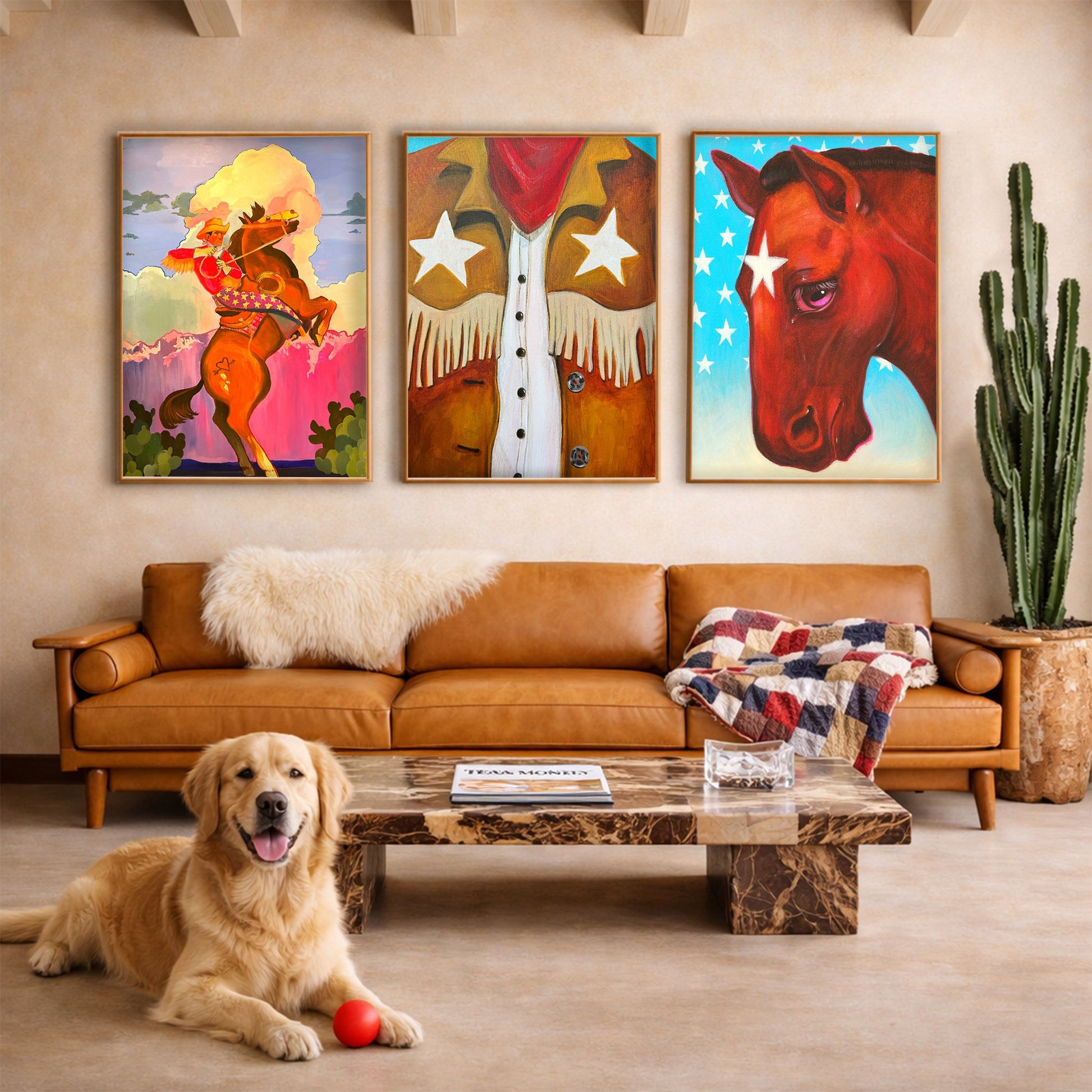Cowboy Carl Rodeos Into the Sunset Print included in a western triptych above a leather sofa