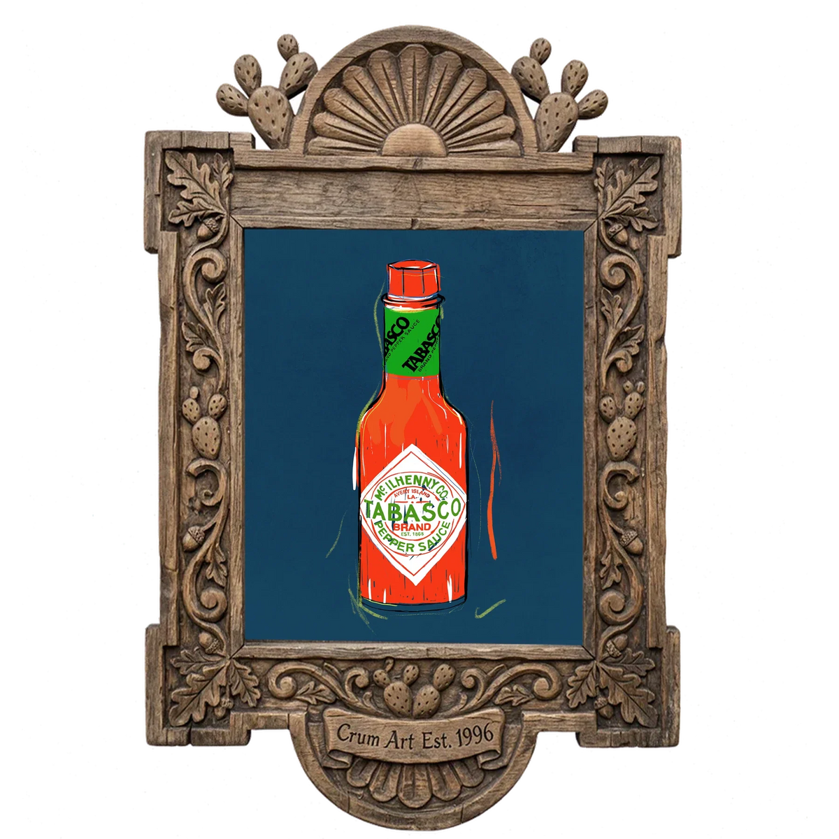 Tabasco Bottle, blue ink — kitchen art print by Betsy Crum in a carved wood frame