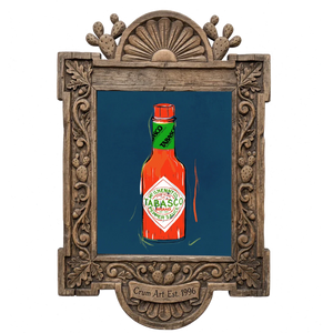 Tabasco Bottle, blue ink — art print in a carved wood frame, Crum Art