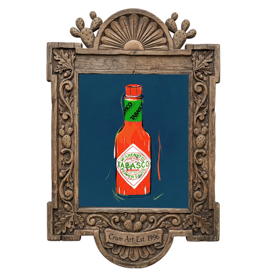 Tabasco Bottle, blue ink — kitchen art print by Betsy Crum in a carved wood frame
