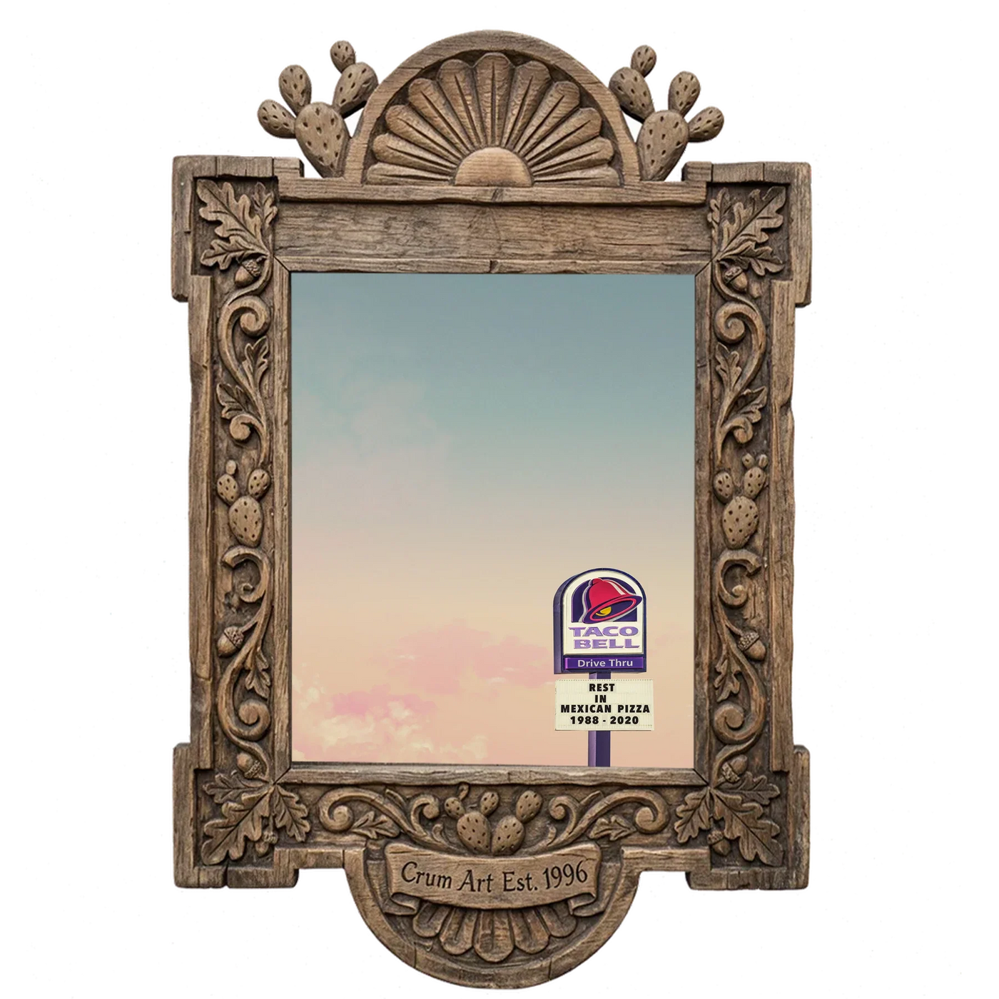 Taco Bell Drive-Thru Sign — art print in a carved wood frame, Crum Art