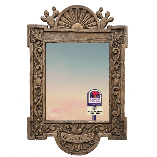 Taco Bell Drive-Thru Sign — Texas roadside art print by Betsy Crum in a carved wood frame