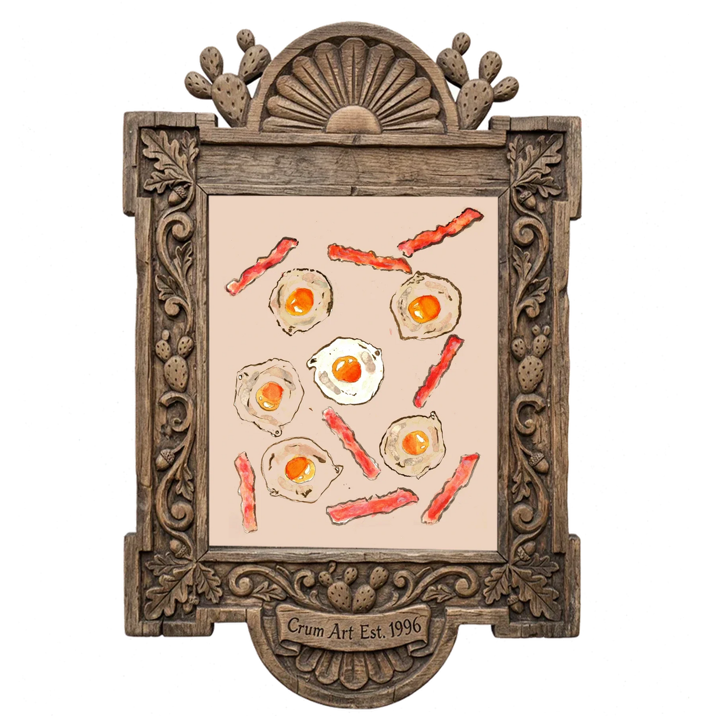 Eggs & Bacon — kitchen art print by Tavi Crum in a carved wood frame