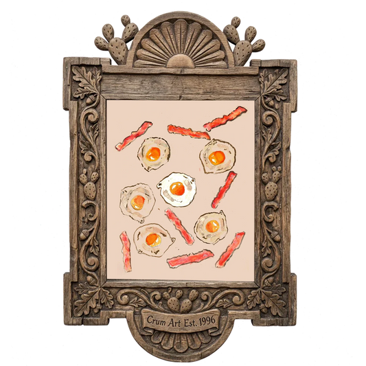Eggs & Bacon — kitchen art print by Tavi Crum in a carved wood frame