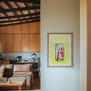 Diet Coke Painting diet coke art print by Tavi Crum — framed in a wood-accent room
