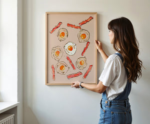 Eggs & Bacon kitchen art print by Tavi Crum — framed vertical room scene