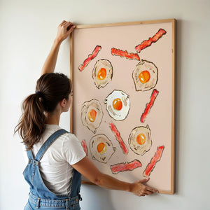 Eggs & Bacon kitchen art print by Tavi Crum — framed vertical room scene