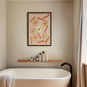 Eggs & Bacon kitchen art print by Tavi Crum — framed vertical room scene