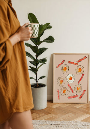 Eggs & Bacon kitchen art print by Tavi Crum — framed with velvet mat