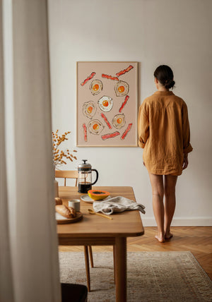 Eggs & Bacon kitchen art print by Tavi Crum — framed with velvet mat