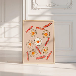 Eggs & Bacon kitchen art print by Tavi Crum — neutral frame room mockup
