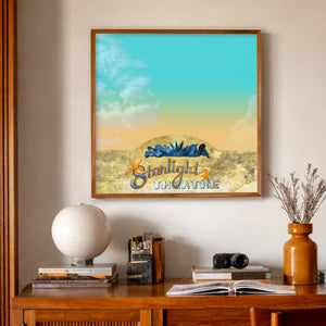 West Texas Art Starlight Theatre Terlingua Print by Betsy Crum, inspired by the iconic Starlight Theatre sign, spooky desert-town charm, and the off-the-grid spirit that makes far West Texas feel unforgettable, available at crumart.com. This museum quality print is made right here in Texas.