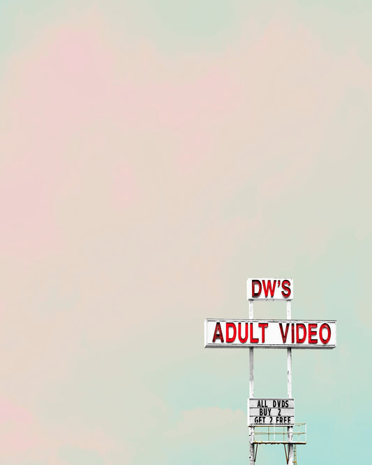 Texas Art Cotton Candy Sky Print — DW's Adult Video Sign Oklahoma Art and Wall Decor | Betsy Crum Art Crum Art