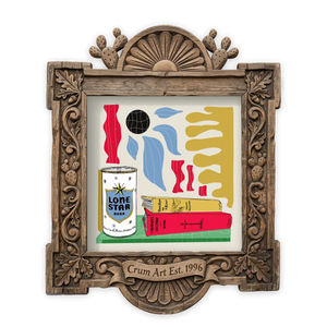 Lone Star Beer and Books — Texas art print by Betsy Crum in a square carved wood frame