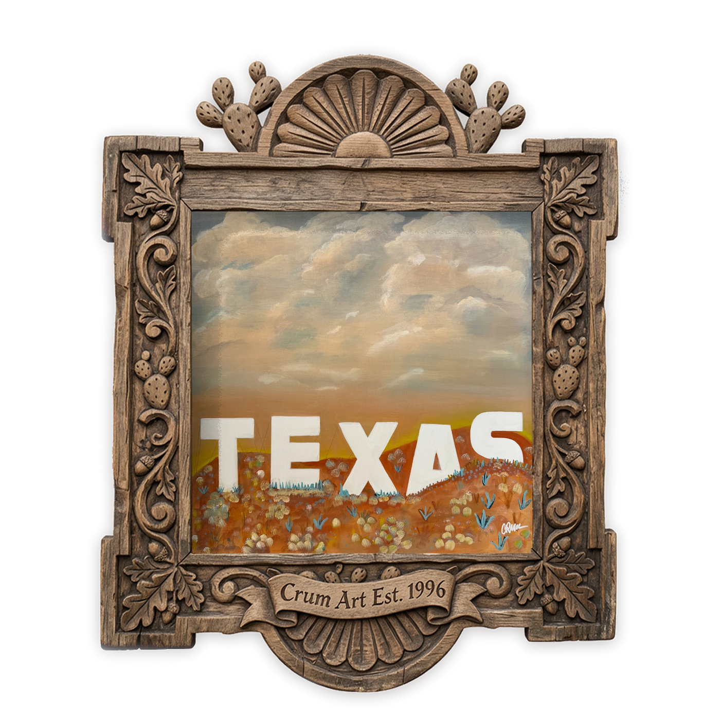 Texas Art | Texas Sign Over the Hill Country, Sepia | Betsy Crum — art print in a carved wood frame, Crum Art