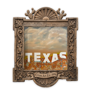Texas Sign Over the Hill Country, Sepia — Texas art print by Betsy Crum in a square carved wood frame
