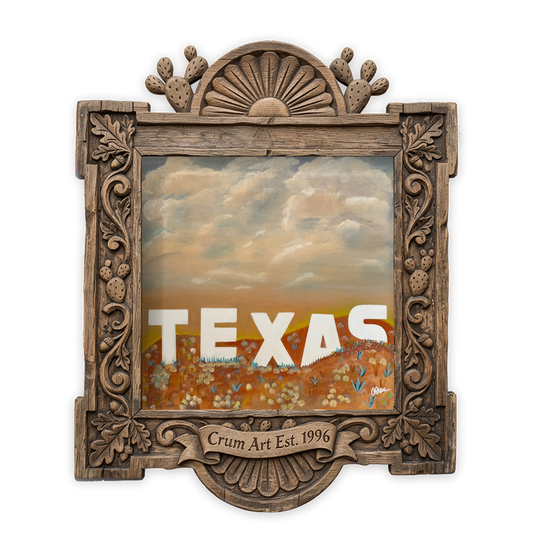 Texas Sign Over the Hill Country, Sepia — Texas art print by Betsy Crum in a square carved wood frame