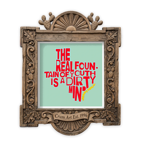 Jerry Hall Quote — Texas art print by Betsy Crum in a square carved wood frame