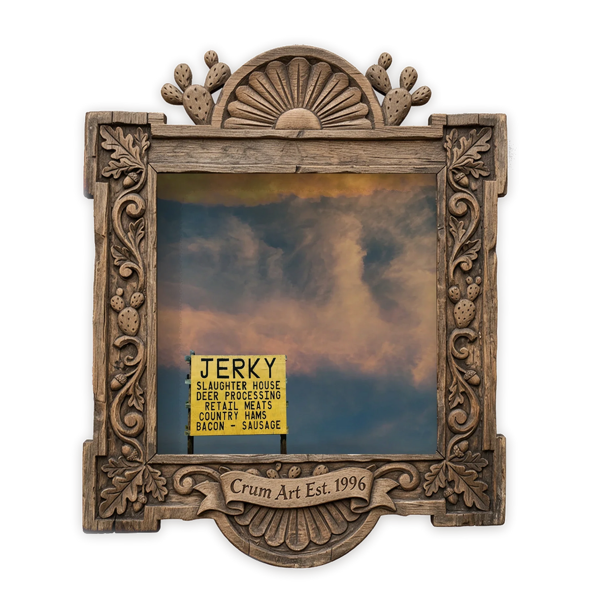 Round Top Hollywood Sign — Texas art print by Betsy Crum in a square carved wood frame