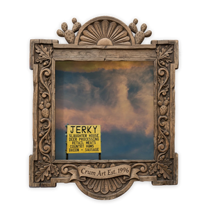Round Top Hollywood Sign — Texas art print by Betsy Crum in a square carved wood frame