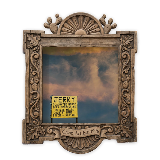 Round Top Hollywood Sign — Texas art print by Betsy Crum in a square carved wood frame