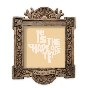 This Is the Shape of Texas — typography art print by Betsy Crum in a square carved wood frame