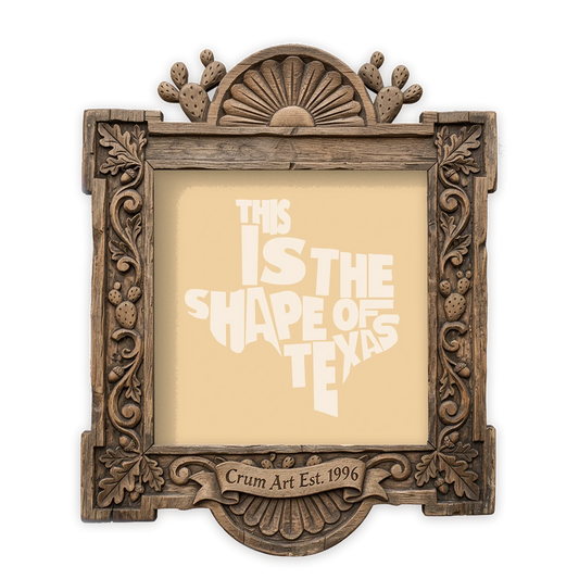 This Is the Shape of Texas — typography art print by Betsy Crum in a square carved wood frame