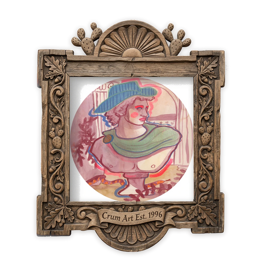 Greco Roman Bust in Cowboy Hat Pink — cowboy art print by Caya Crum in a square carved wood frame