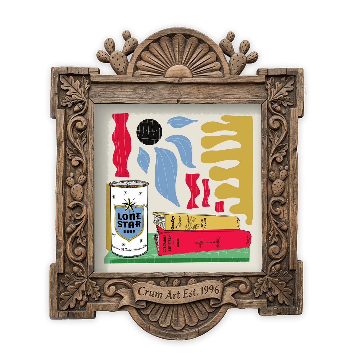 Texas Art | Lone Star Beer and Books | Colorful Wall Art | Betsy Crum — art print in a carved wood frame, Crum Art