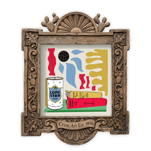 Texas Art | Lone Star Beer and Books | Colorful Wall Art | Betsy Crum — art print in a carved wood frame, Crum Art