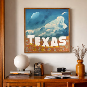 Texas Wall Decor Texas Hollywood Big Sky and Clouds Art Print by Betsy Crum, a matted archival art print in a gold frame inspired by cinematic Texas skies, ranch-country color, and the kind of classic western mood that feels straight out of Giant, available at crumart.com. This museum quality print is made right here in Texas.