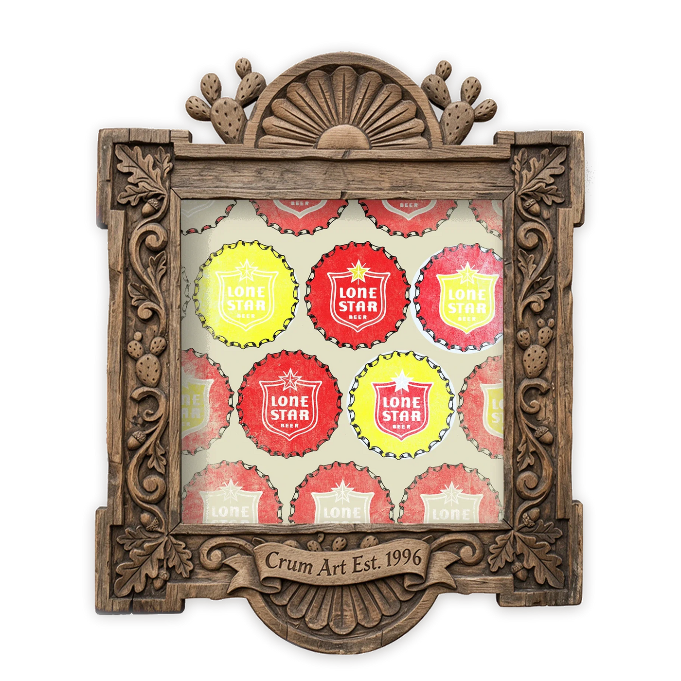 Lone Star Bottlecap — bar art print by Betsy Crum in a square carved wood frame