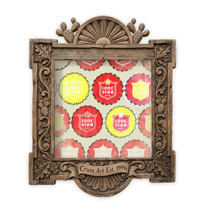 Lone Star Bottlecap — bar art print by Betsy Crum in a square carved wood frame