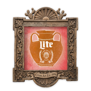 Miller Lite Amphora — bar art print by Betsy Crum in a square carved wood frame