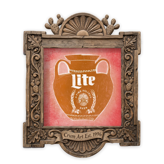 Miller Lite Amphora — bar art print by Betsy Crum in a square carved wood frame