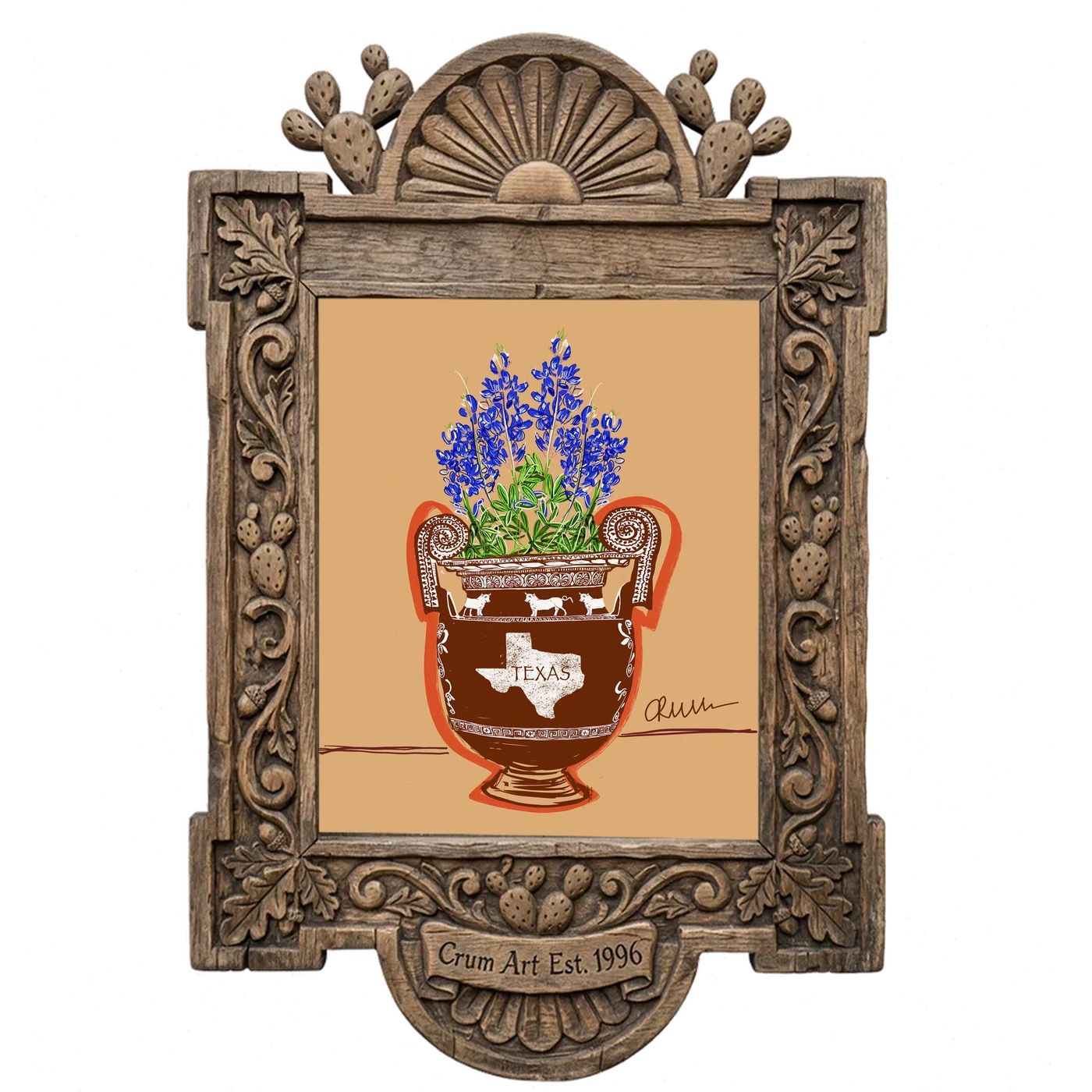 Bluebonnets in a Texas Urn — art print in a carved wood frame, Crum Art