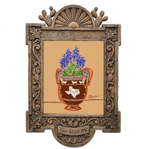 Bluebonnets in a Texas Urn — Texas art print by Betsy Crum in a carved wood frame