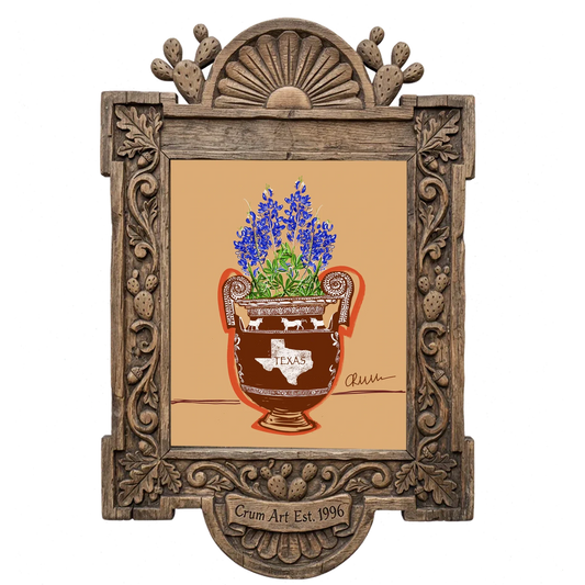 Bluebonnets in a Texas Urn — Texas art print by Betsy Crum in a carved wood frame