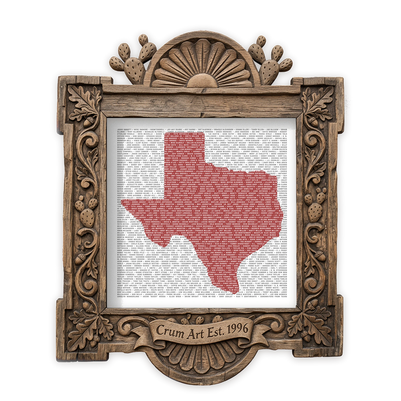 Texas Art | Texas Song Lyrics Map | Betsy Crum — Red — art print in a carved wood frame, Crum Art