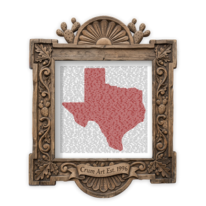 Texas Art | Texas Song Lyrics Map | Betsy Crum — Red — art print in a carved wood frame, Crum Art