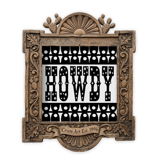 Minimalist B&W — howdy print by Betsy Crum in a square carved wood frame