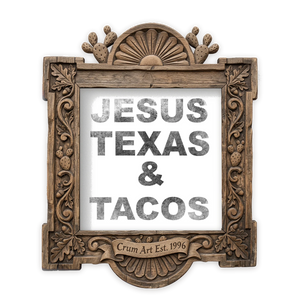 Jesus Texas & Tacos — kitchen art print by Betsy Crum in a square carved wood frame
