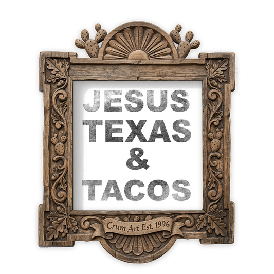 Jesus Texas & Tacos — kitchen art print by Betsy Crum in a square carved wood frame