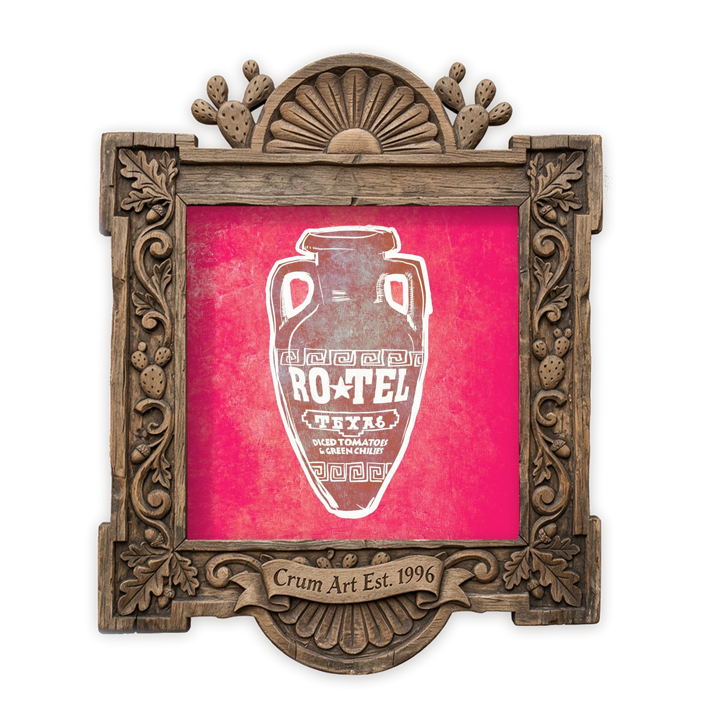 Ro-Tel Can — kitchen art print by Betsy Crum in a square carved wood frame