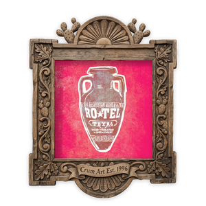 Ro-Tel Can — kitchen art print by Betsy Crum in a square carved wood frame